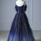 Langes Ballkleid aus Tüll mit blauem Farbverlauf, wunderschönes Abendkleid mit Spaghettiträgern gh2580