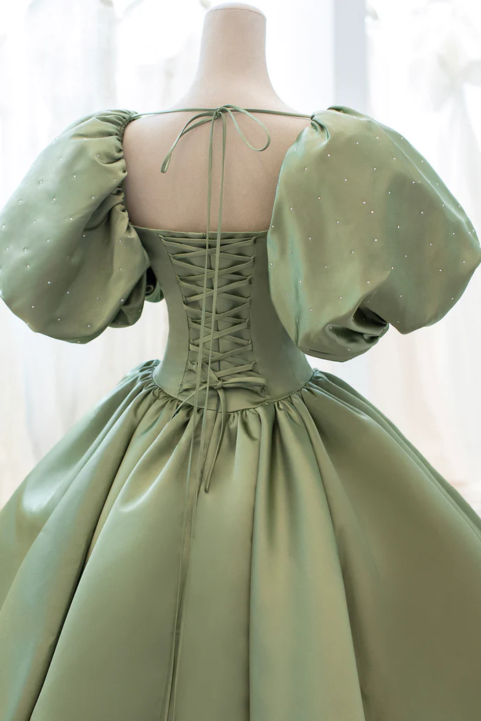 Green Satin Puff Sleeves Long Prom Dress, Green A-Line Formal Dress gh2579