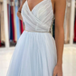 Spaghetti Straps V-Neck Tulle Long Prom Dresses With Beads gh2599