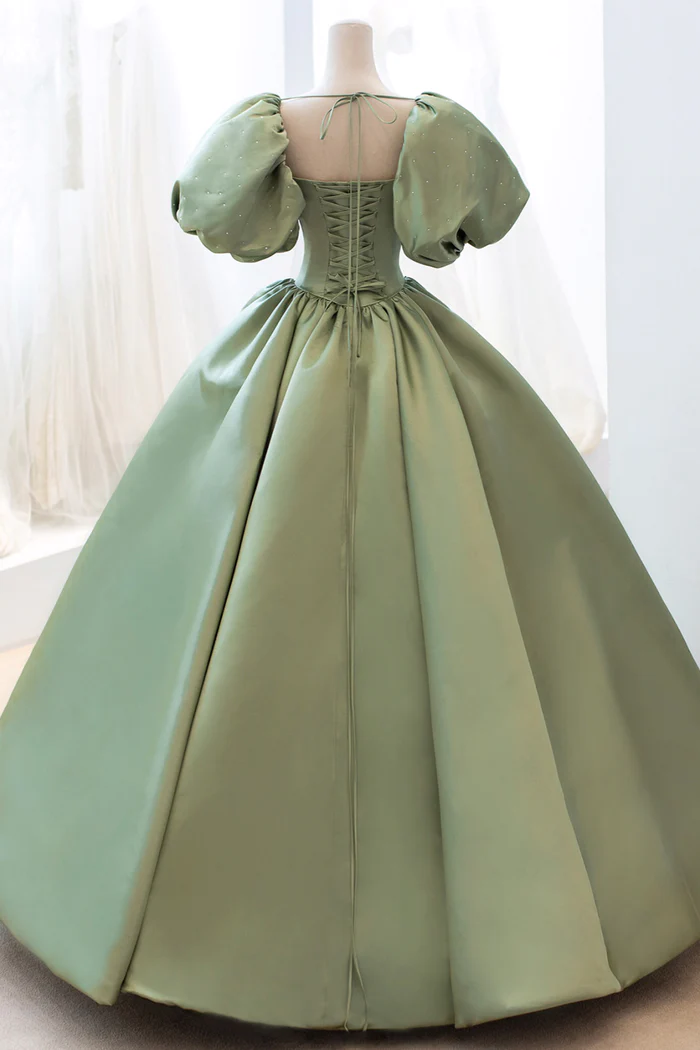 Green Satin Puff Sleeves Long Prom Dress, Green A-Line Formal Dress gh2579