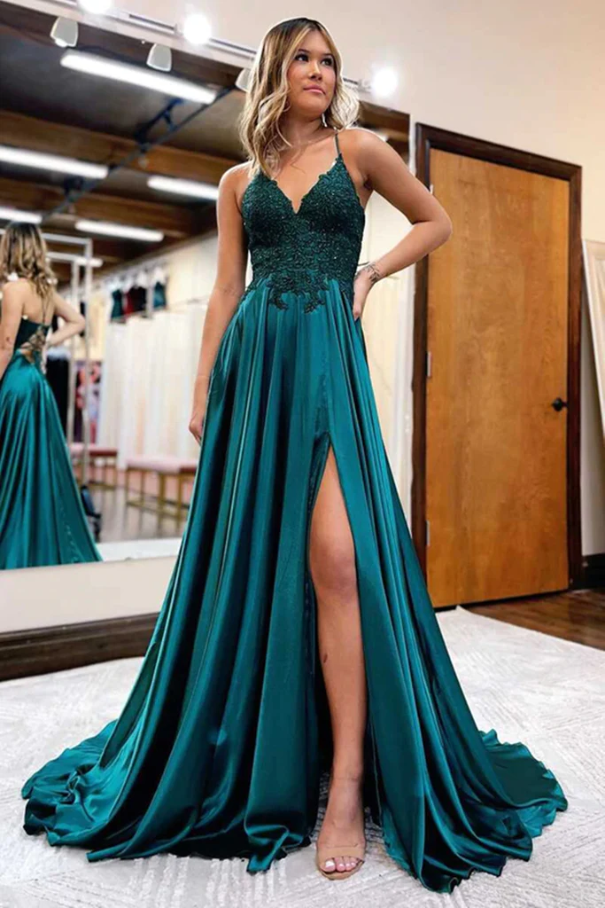 A Line V Neck Green Beaded Lace Long Prom Dress with High Slit, Open Back Green Formal Graduation Evening Dress gh2652