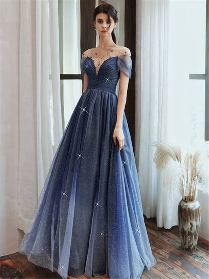 Starry Blue Prom Dress Off Shoulder Floral Event Dress Sparkling Long Party Dress Aline Event Dress Gradient Long Dress Fairy Glitter Dress gh2637