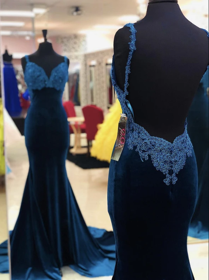 Sexy Mermaid Spaghetti Straps Navy Blue Long Prom/Evening Dress Appliques gh2658