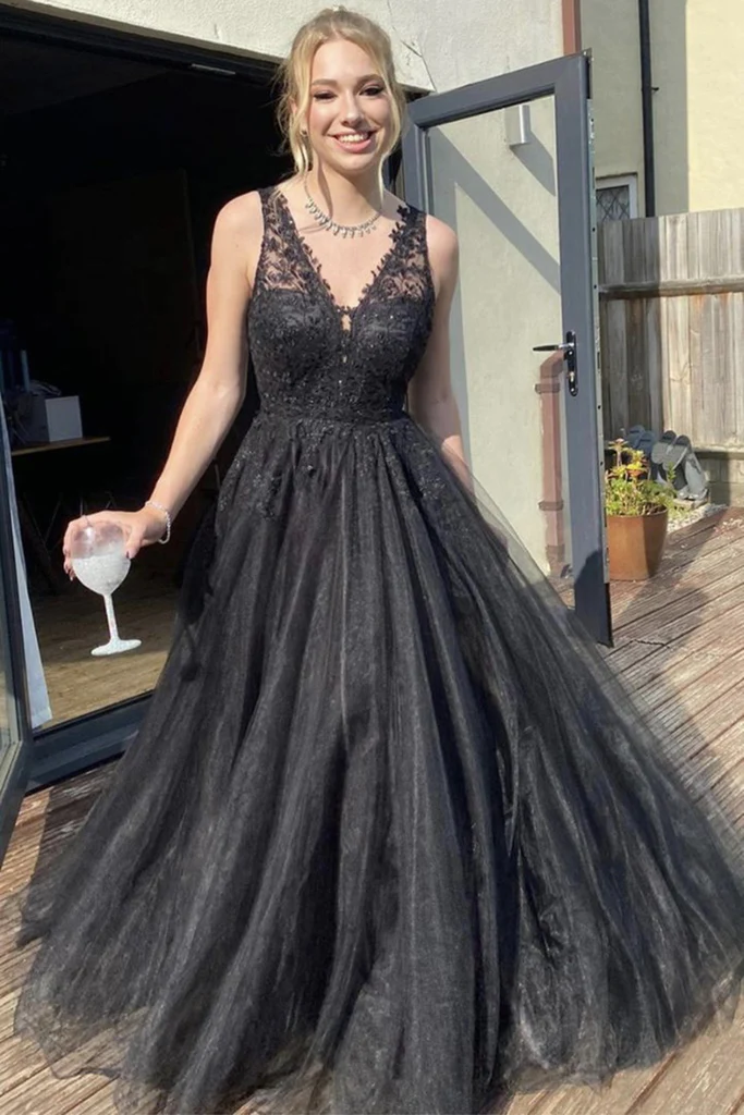 A Line V Neck Black Lace Long Prom Dresses, Black Lace Formal Dresses, Black Evening Dresses gh2650