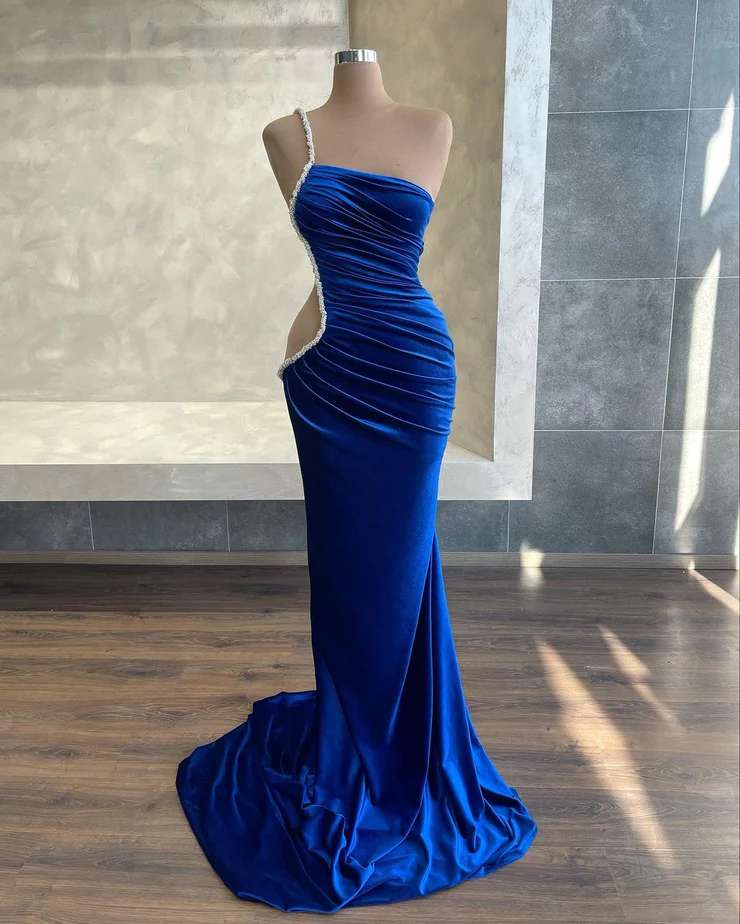 Charming mermaid halter royal blue velvet elegant sexy long slit ball gown evening dress gh2657