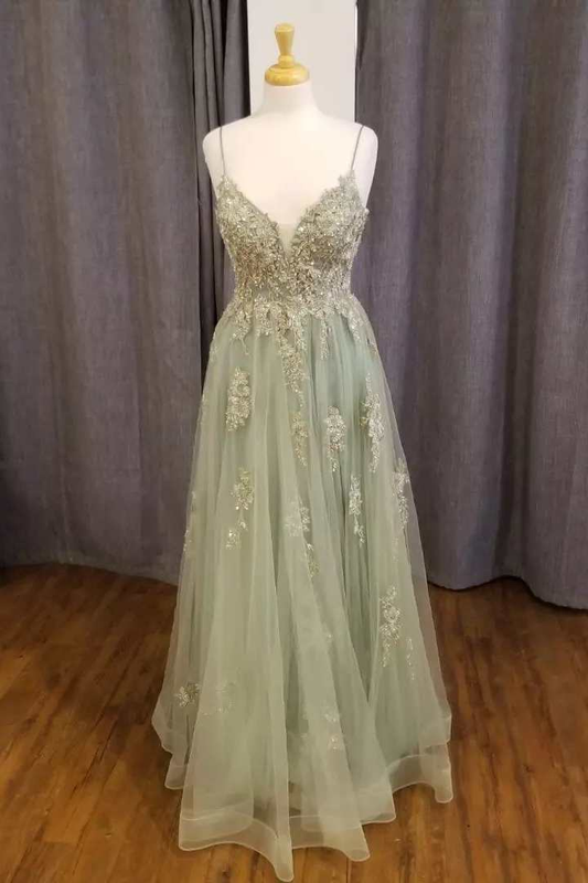 Robe de bal trapèze à bretelles et appliques florales vert sauge gh2639