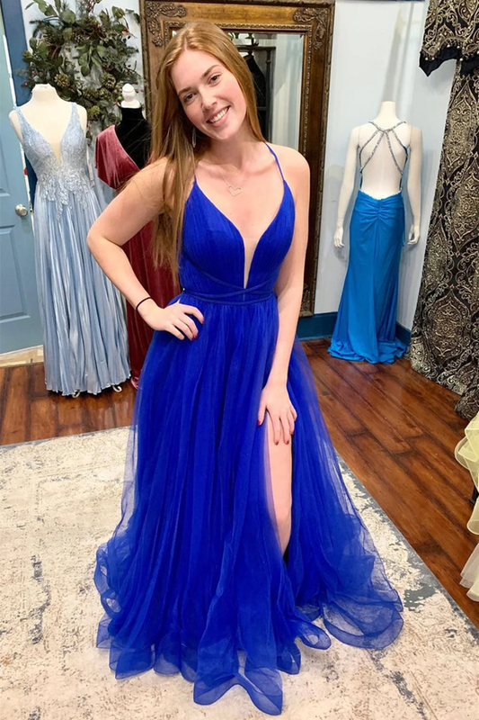 Robe de soirée longue en tulle bleu à dos nu et col en V avec fente haute, robe de soirée formelle de remise de diplôme bleue dos nu gh2645
