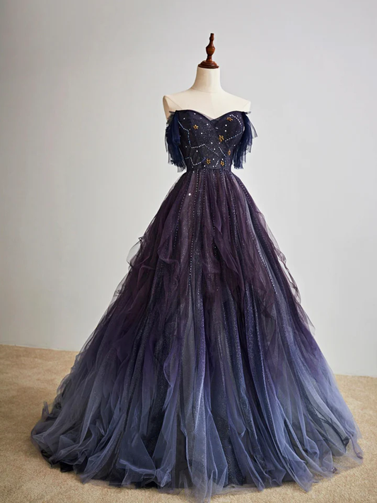 Langes Ballkleid aus Tüll mit lila Farbverlauf, wunderschönes A-Linien-Abendkleidgh2643