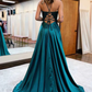 A Line V Neck Green Beaded Lace Long Prom Dress with High Slit, Open Back Green Formal Graduation Evening Dress gh2652