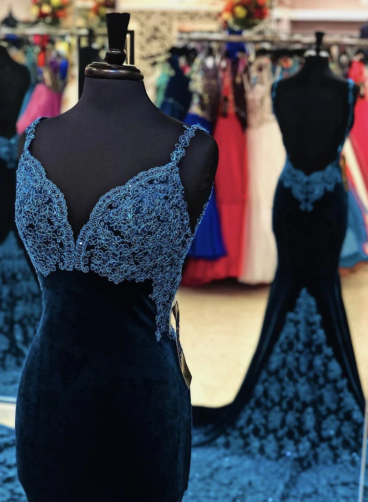 Sexy Mermaid Spaghetti Straps Navy Blue Long Prom/Evening Dress Appliques gh2658