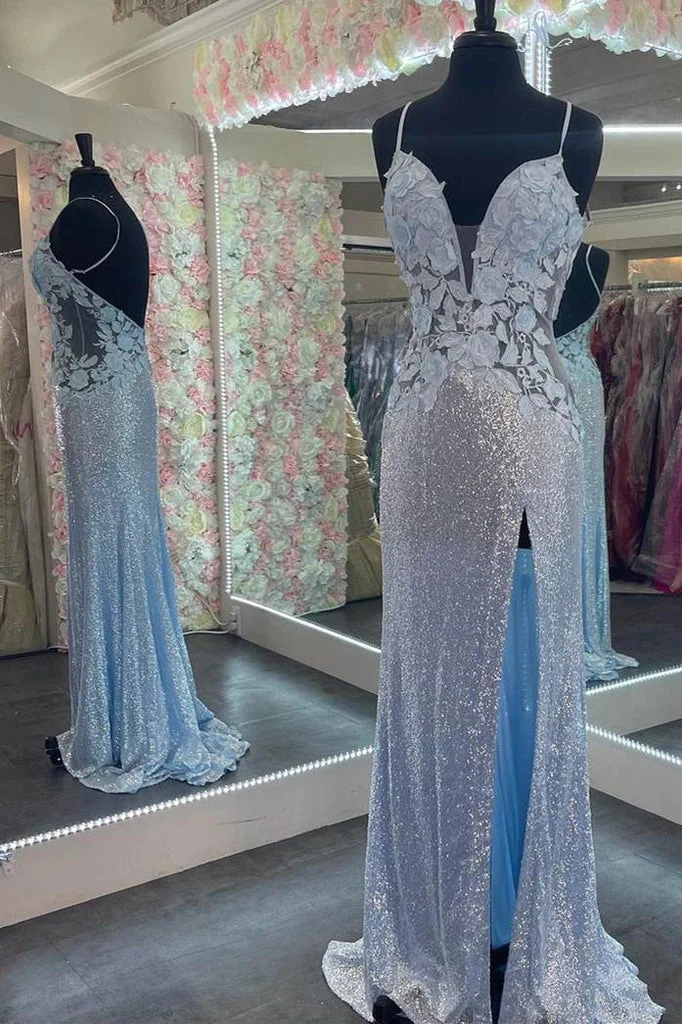 Robe de soirée fourreau élégante à bretelles bleu clair avec appliques à paillettes, robe de bal longue gh2655