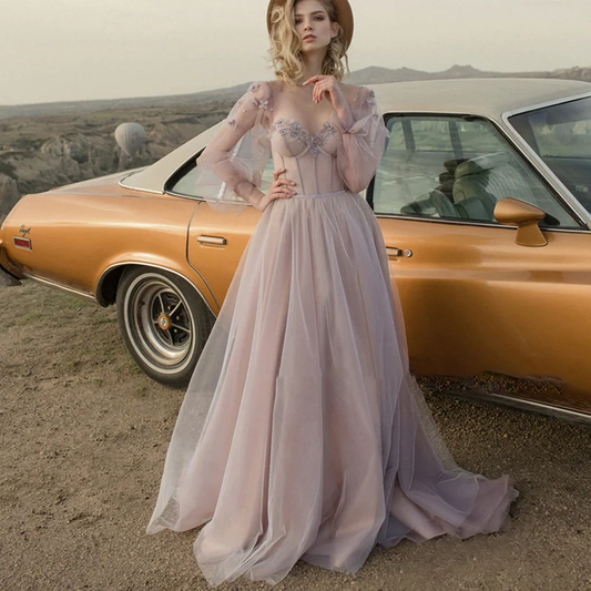 Robe de mariée trapèze en tulle lilas à décolleté en cœur, manches longues, avec fleurs 3D, gh2642