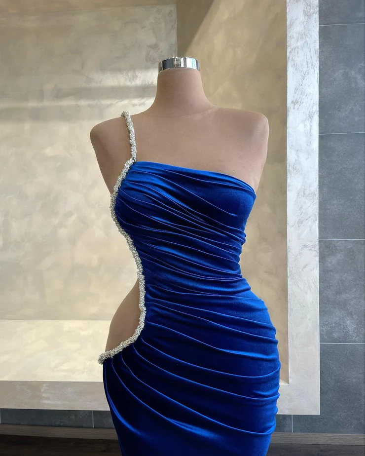 Charming mermaid halter royal blue velvet elegant sexy long slit ball gown evening dress gh2657
