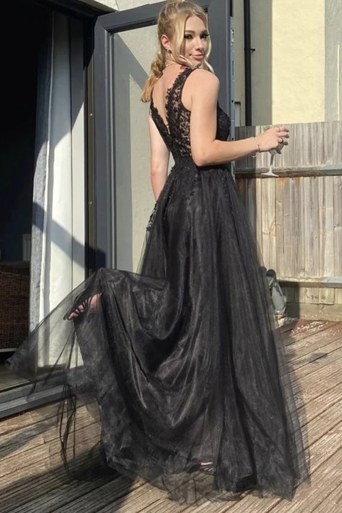 A Line V Neck Black Lace Long Prom Dresses, Black Lace Formal Dresses, Black Evening Dresses gh2650