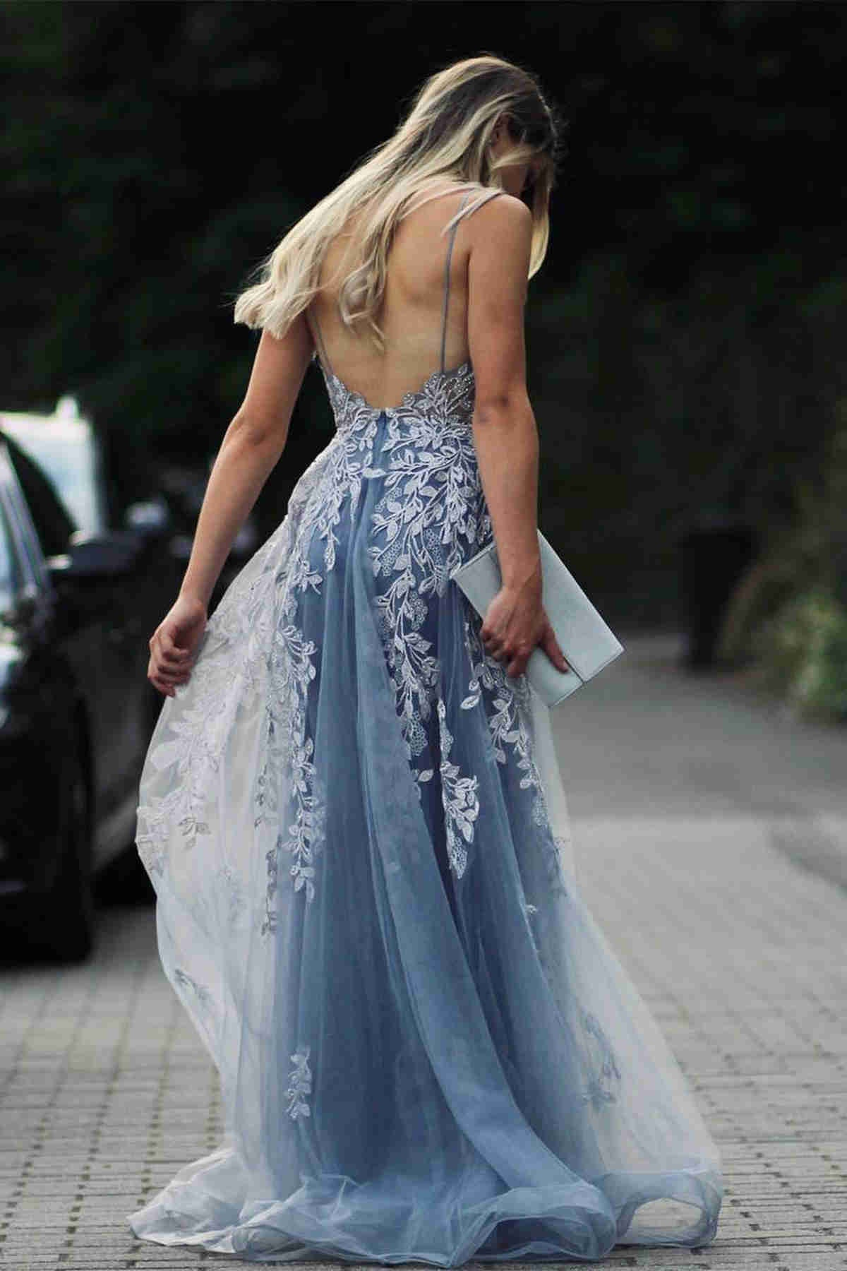 Stunning Dsuty Blue Tulle Long Formal Dress with Appliques gh2634