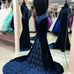 Sexy Mermaid Spaghetti Straps Navy Blue Long Prom/Evening Dress Appliques gh2658