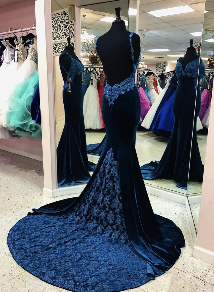 Sexy Mermaid Spaghetti Straps Navy Blue Long Prom/Evening Dress Appliques gh2658
