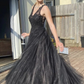 A Line V Neck Black Lace Long Prom Dresses, Black Lace Formal Dresses, Black Evening Dresses gh2650