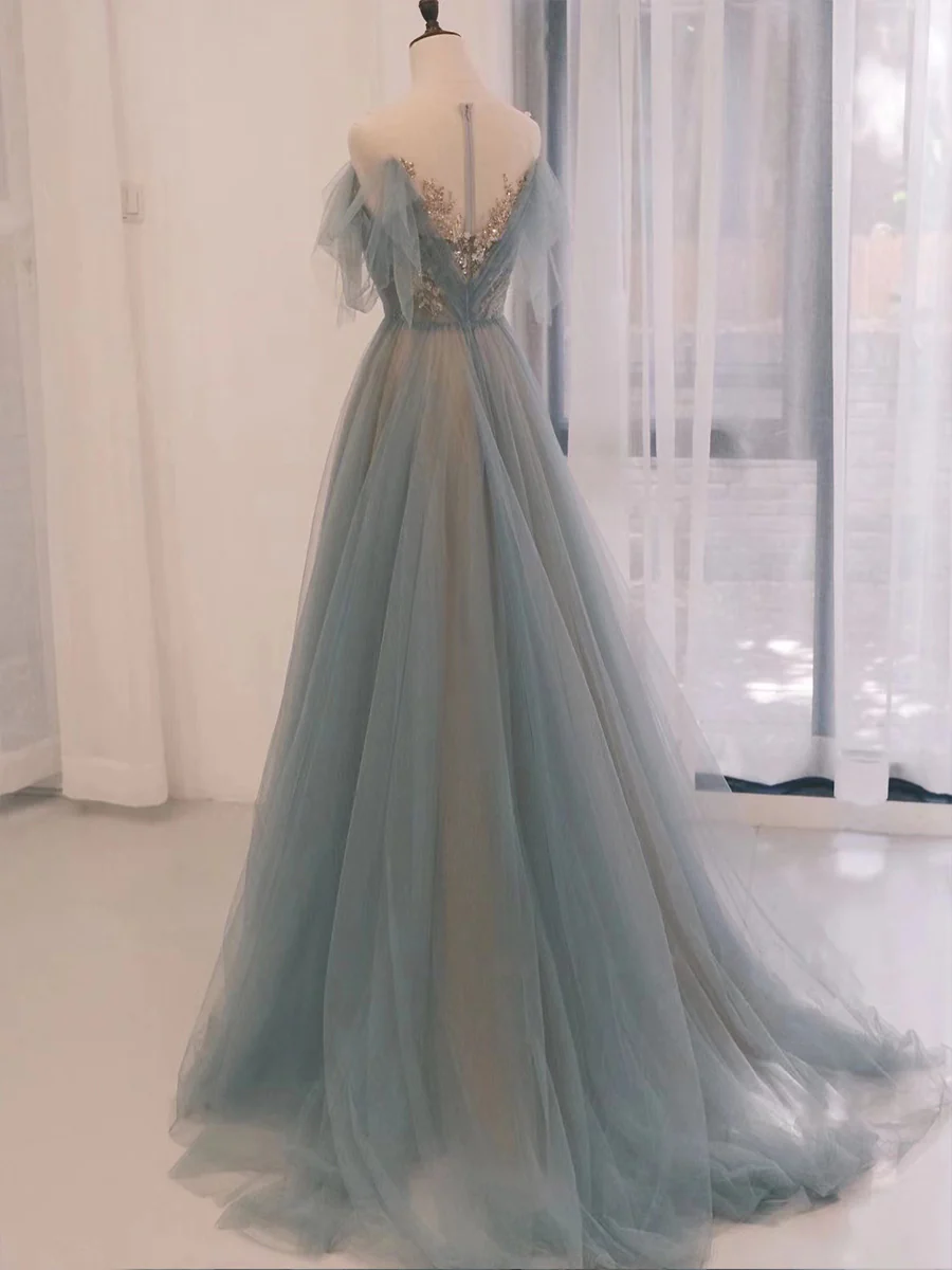 Robe de bal longue en tulle gris bleu à décolleté dégagé avec paillettes gh2638