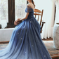 Starry Blue Prom Dress Off Shoulder Floral Event Dress Sparkling Long Party Dress Aline Event Dress Gradient Long Dress Fairy Glitter Dress gh2637