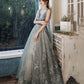 Gray tulle sequins long prom dress evening gown  10121