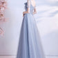 Gray tulle sequins long A line prom dress evening dress  8690