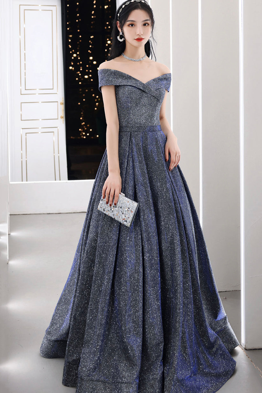 Simple A line v neck long prom dress off shoulder evening dress  8503