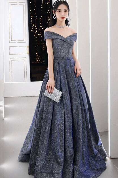 Simple A line v neck long prom dress off shoulder evening dress  8503