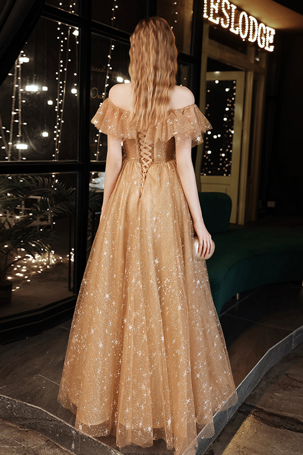 Gold tulle sequins long prom dress evening dress  8508