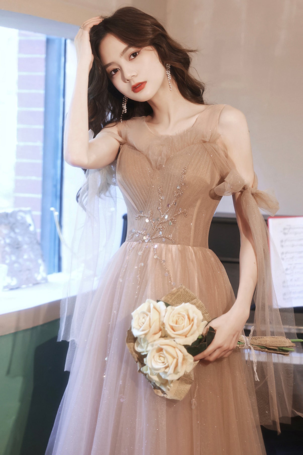 Cute tulle sequins long A line prom dress evening dress  8705