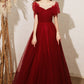 Burgundy tulle long A line prom dress evening dress  8680
