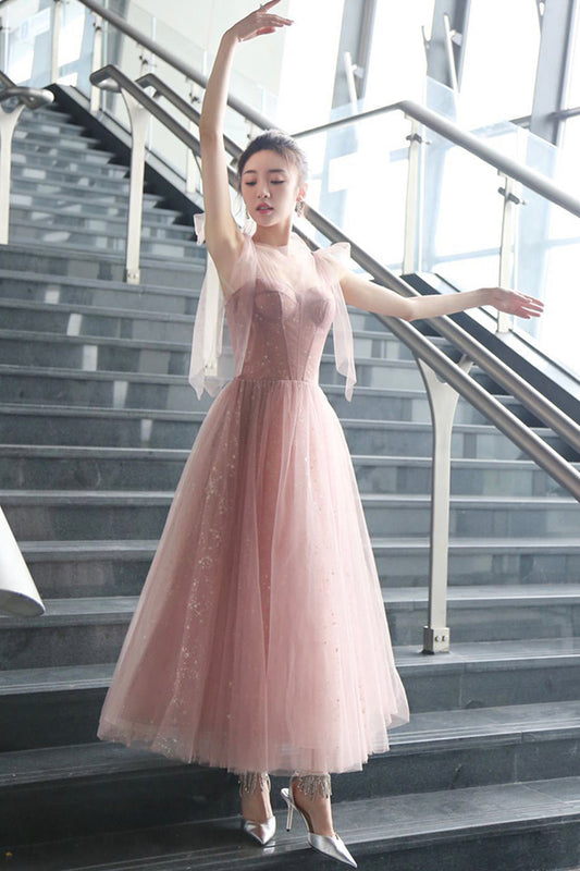 Pink A line prom dress pink tulle evening dress  8656