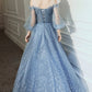 Blue tulle long A line prom dress blue evening dress  8759