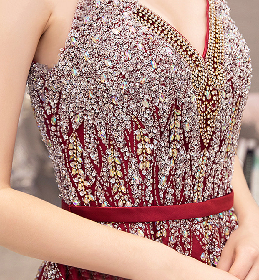 High quality v neck beads long prom dress red evening dress  8525