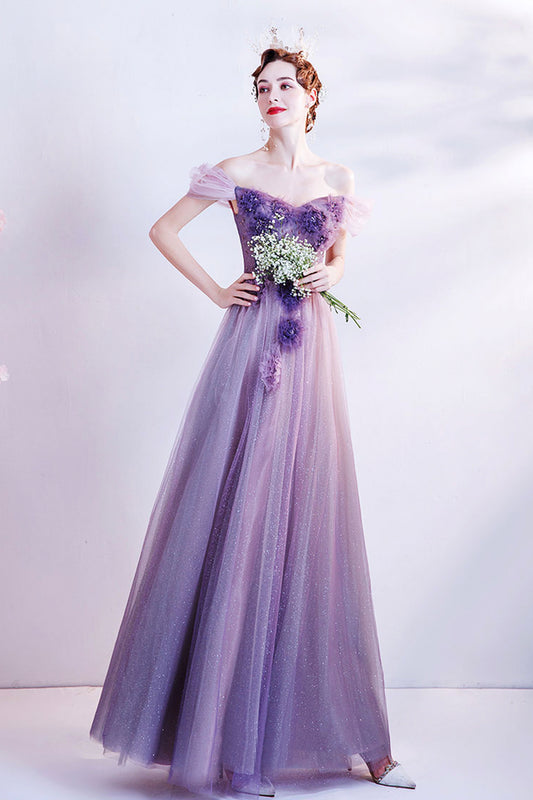 Purple tulle long A line prom dress evening dress  8740