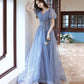 Blue tulle sequins long prom dress A line evening gown  10013