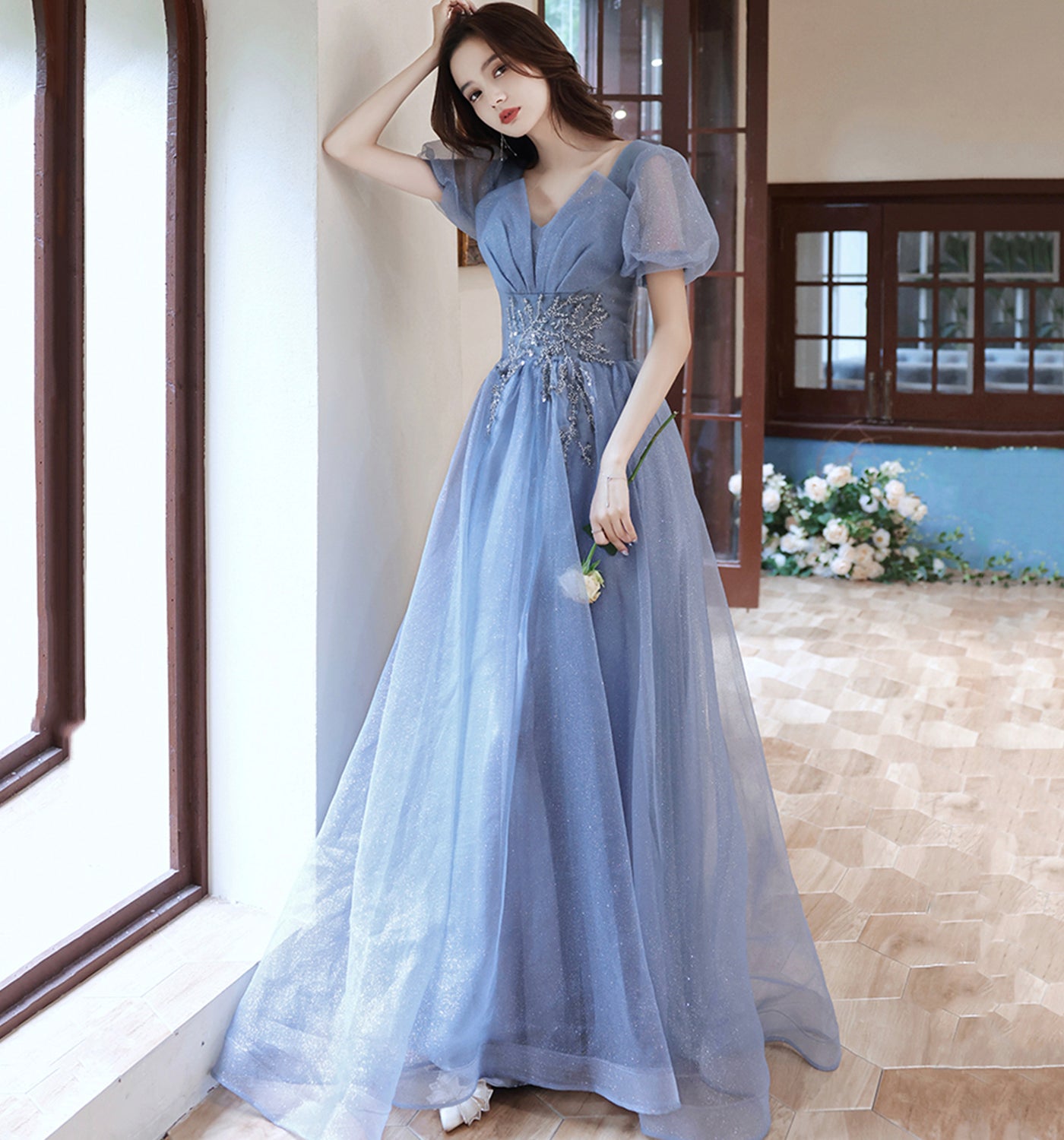 Blue tulle sequins long prom dress A line evening gown  10013