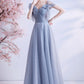 Gray tulle sequins long A line prom dress evening dress  8690