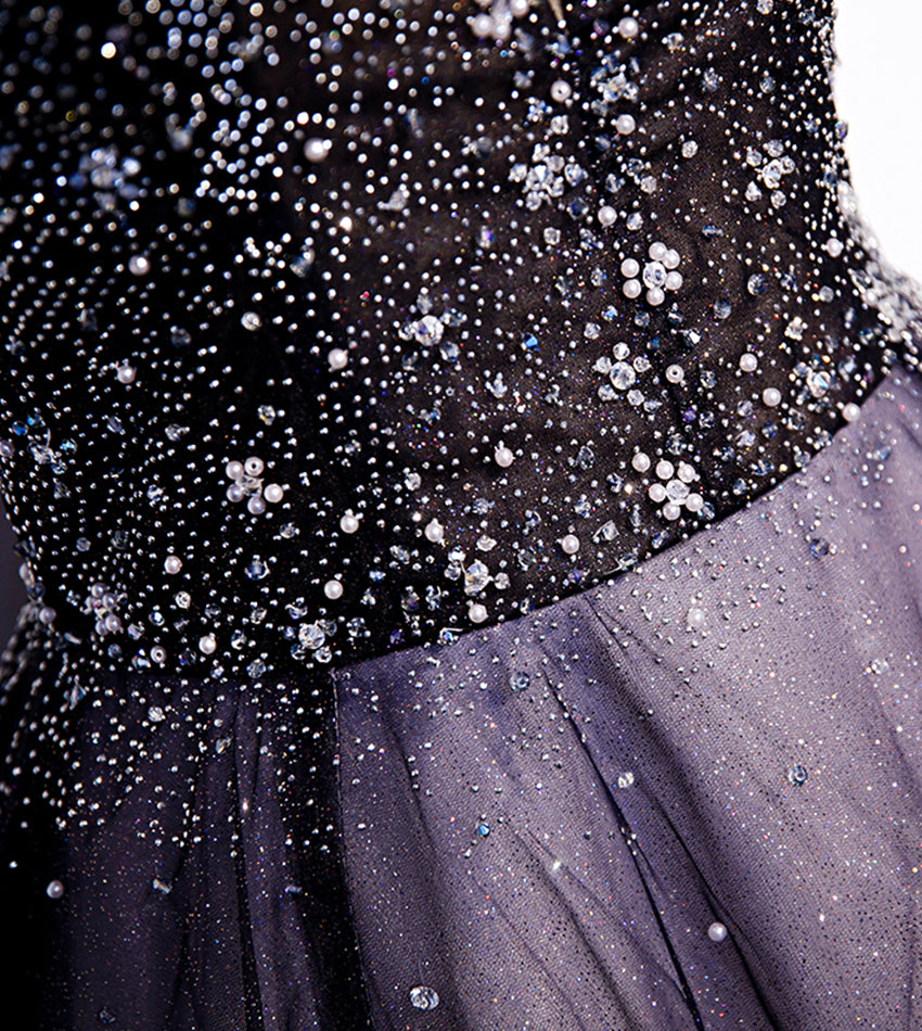 Purple v neck tulle beads long prom dress evening dress  8556