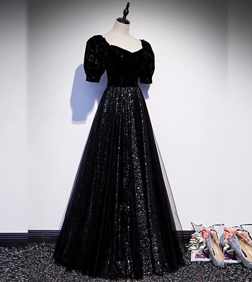 Elegant tulle sequins long prom dress black evening dress  8554
