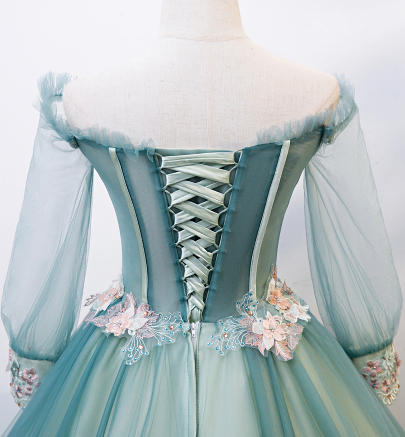 Grünes Tüll-Spitzen-Ballkleid-Kleid, langes formelles Kleid 8617