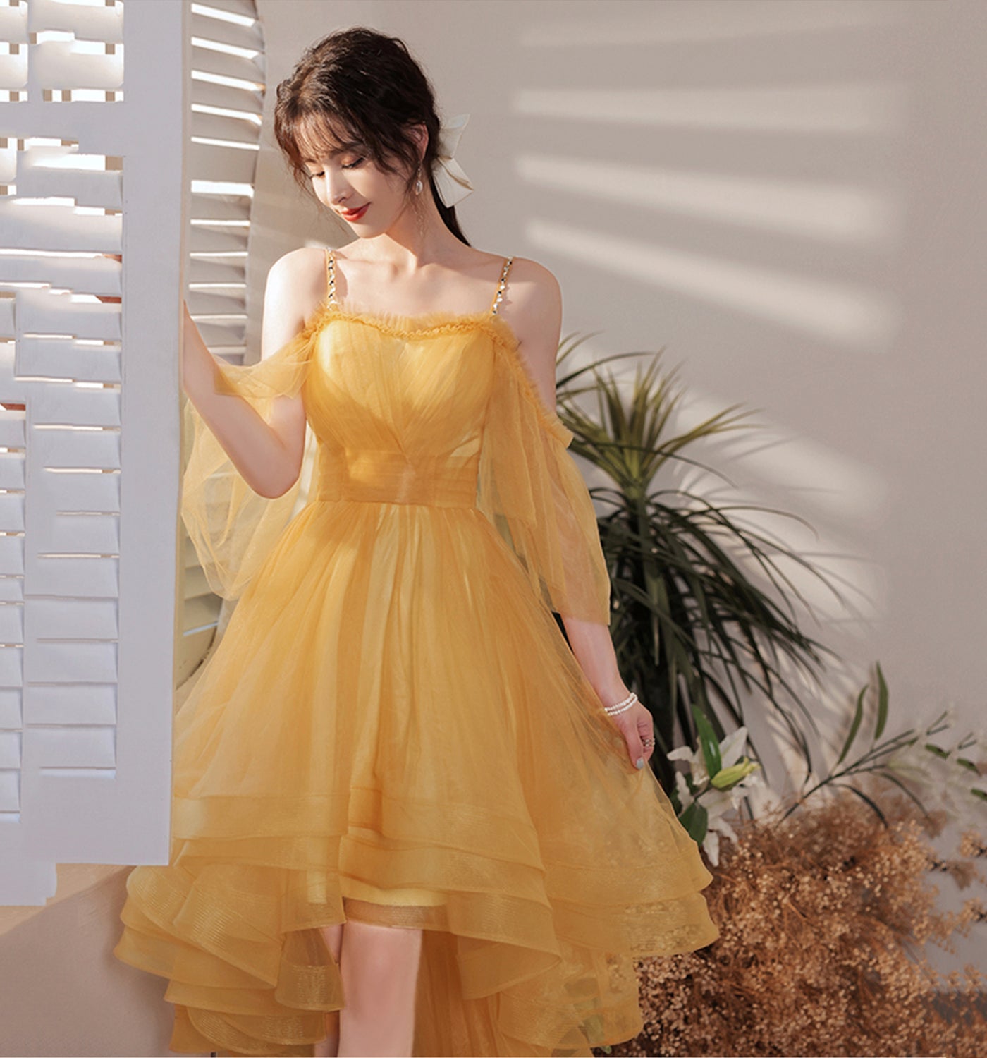 Yellow tulle short prom dress cockatil dress  8961