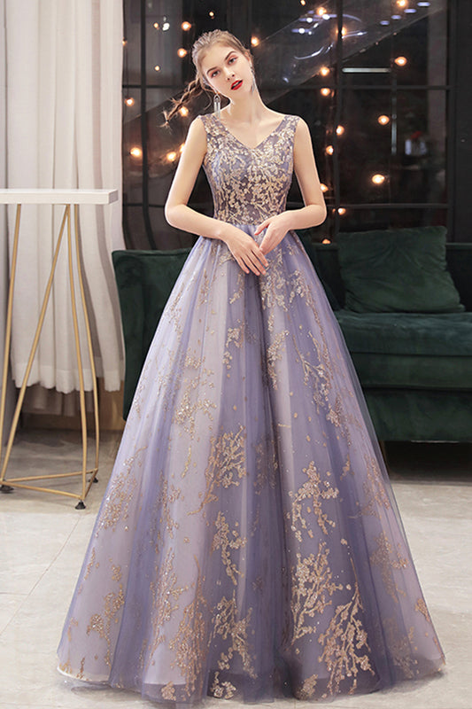 Stylish v neck tulle sequins long ball gown dress  8717