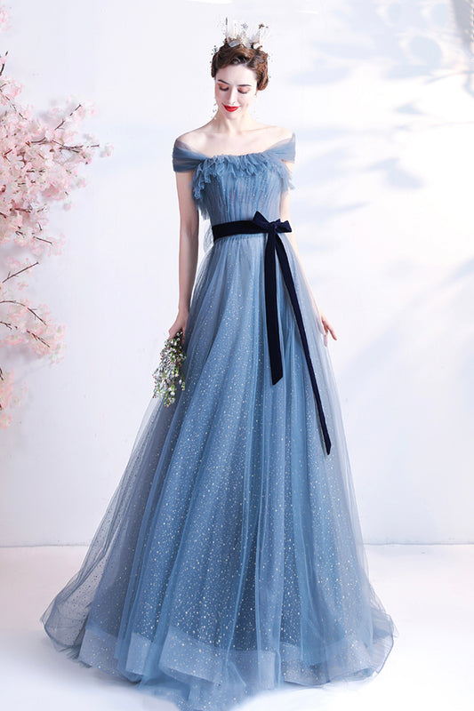 Blue tulle long A line prom dress blue evening dress  8777