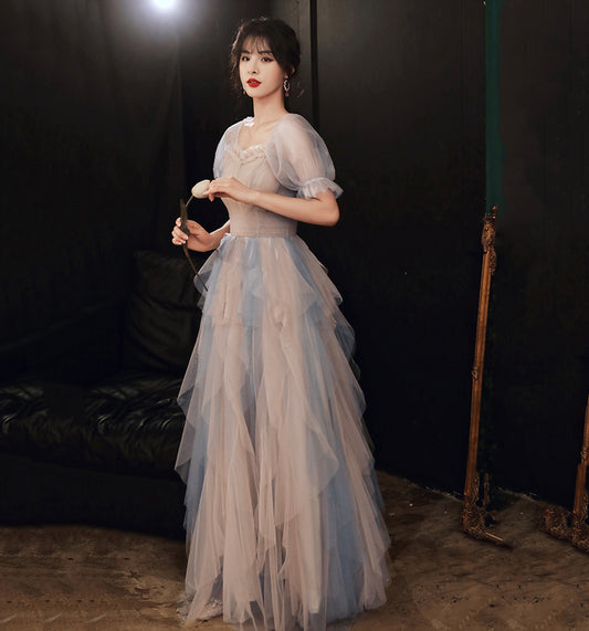 Cute tulle long A line prom dress evening dress  8905