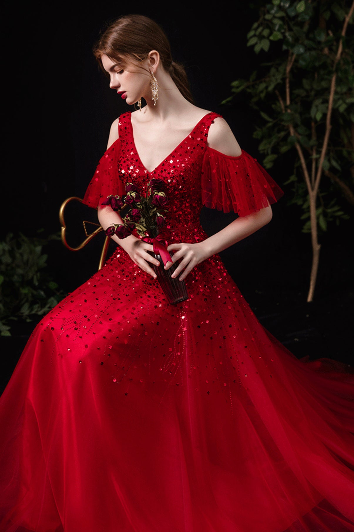 Red tulle sequins long A line prom dress red evening dress  8737
