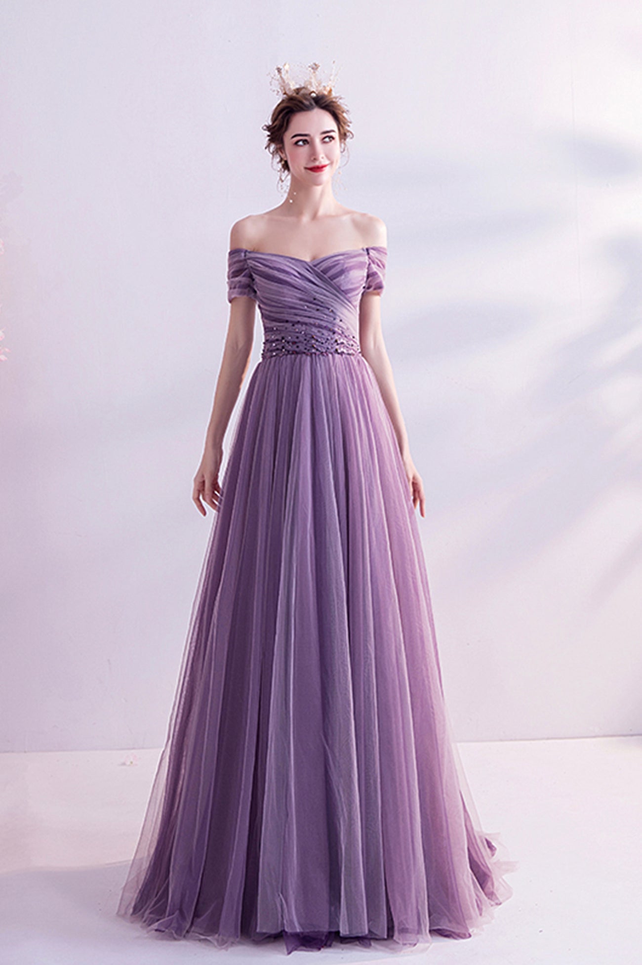 Purple tulle long prom dress A line evening dress  8562