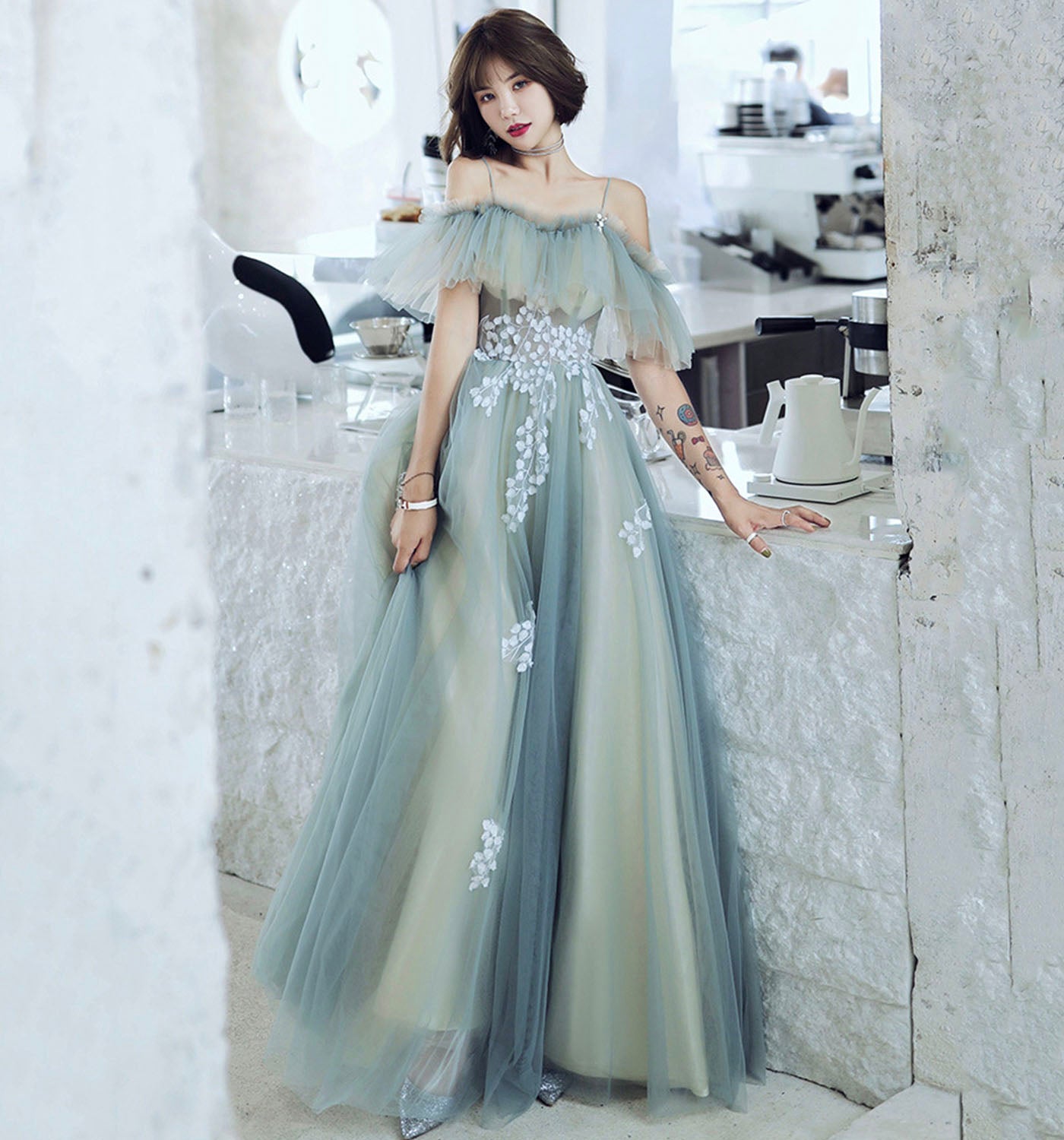 Cute tulle lace long prom dress A line evening dress  8973