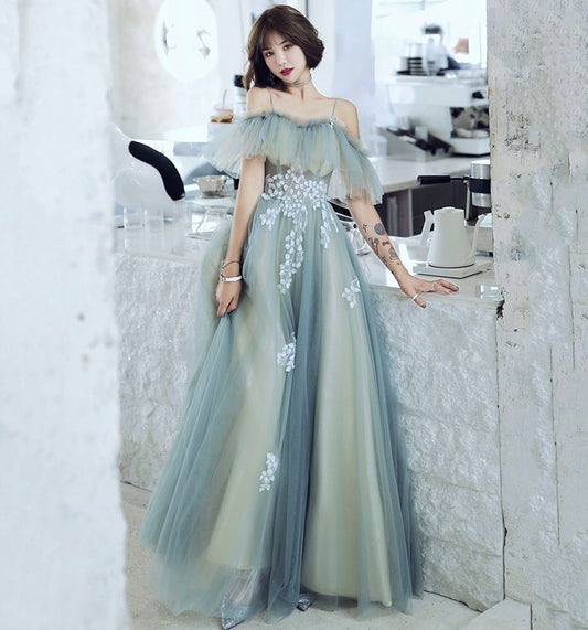 Cute tulle lace long prom dress A line evening dress  8973