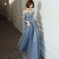 Blue tulle long prom dress A line evening gown  8955